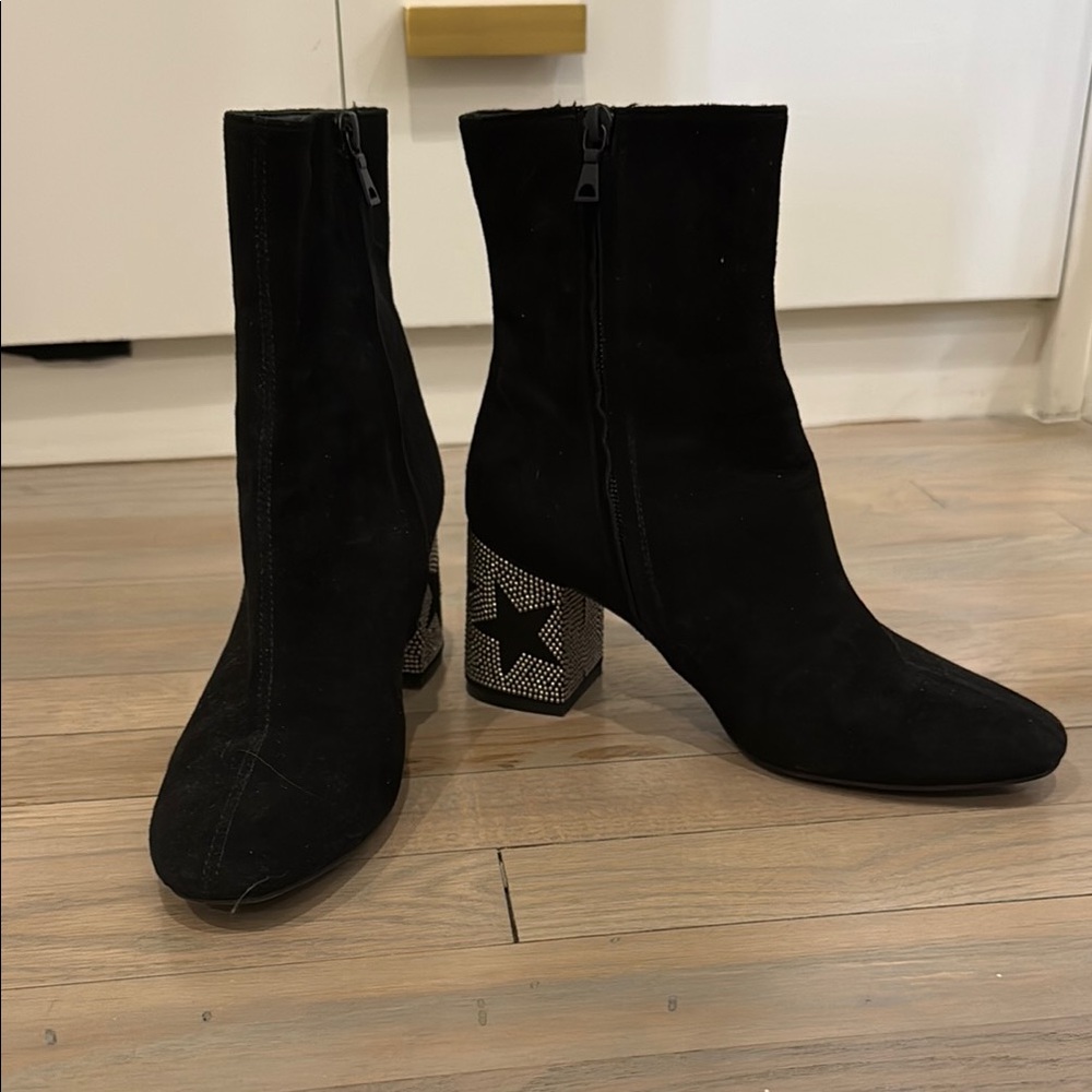 Black Suede Ankle Boots with Star Embellished Heel